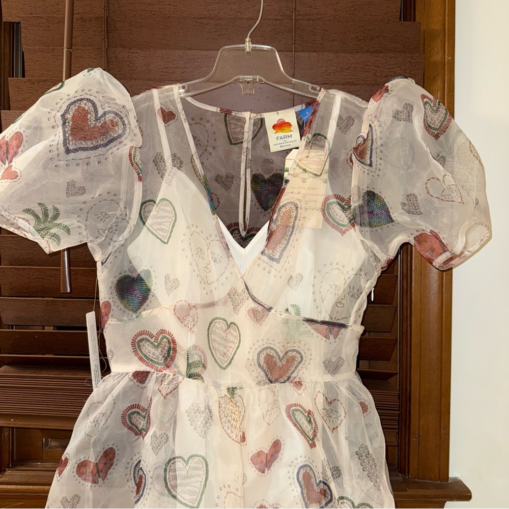 NWT $228 Anthropologie x Farm Rio Semi Sheer Puff-Sleeve Mini Heart Dress S - Picture 14 of 16